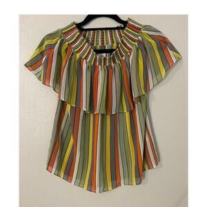 Cabi Retro Womens Striped Off-Shoulder Blouse XS, 70s Funky Colors Unique Summer